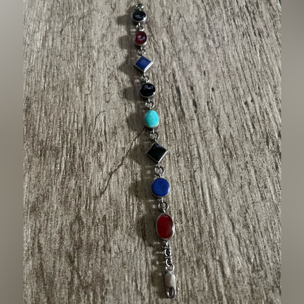 Multi Stone, 925 Sterling Silver Indian bracelet 7” *VINTAGE*